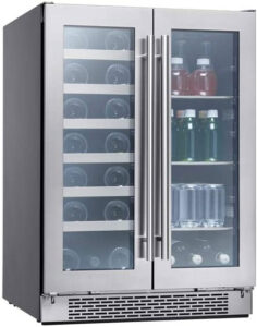 Zephyr PRWB24C32BG Presrv Dual Zone Wine & Beverage Cooler with Glass French Door. 24 Inch 5.2 Cubic Feet. Refrigerator for Under Counter, Wine Fridge, Beer Fridge, Compact Bar Fridge, Full-Size Beverage Center