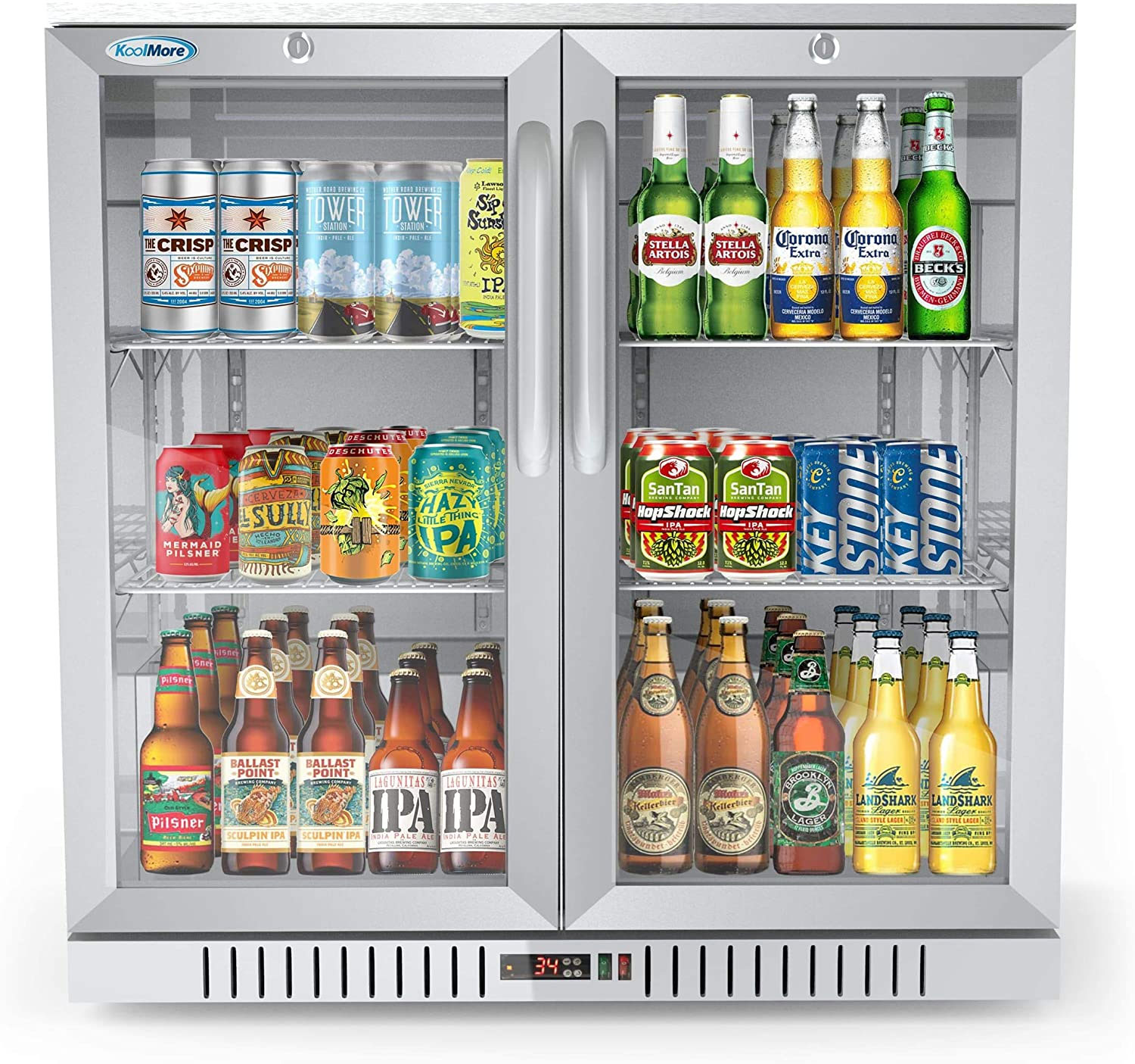 KoolMore 2 Door Stainless Steel Back Bar Cooler Counter Height Glass Door Refrigerator with LED Lighting - 7.4 cu.ft (BC-2DSW-SS), Double Door